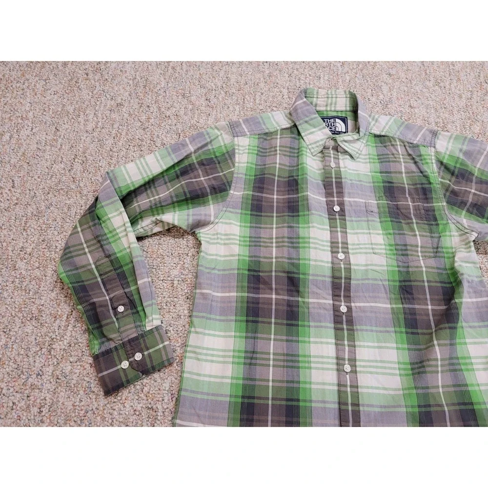 The North Face Shirt Mens Size Medium Green Grey Plaid Button Up Hiking Camping‎